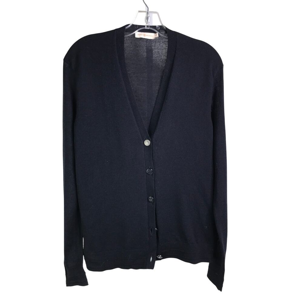 Tory Burch Simone Cardigan Womens SP Navy Blue Metal Logo‎ Button Long Sleeve